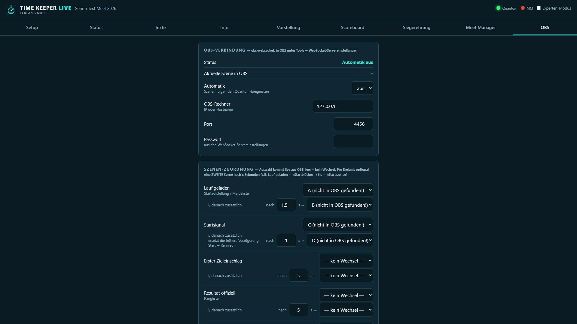 OBS tab in the control panel