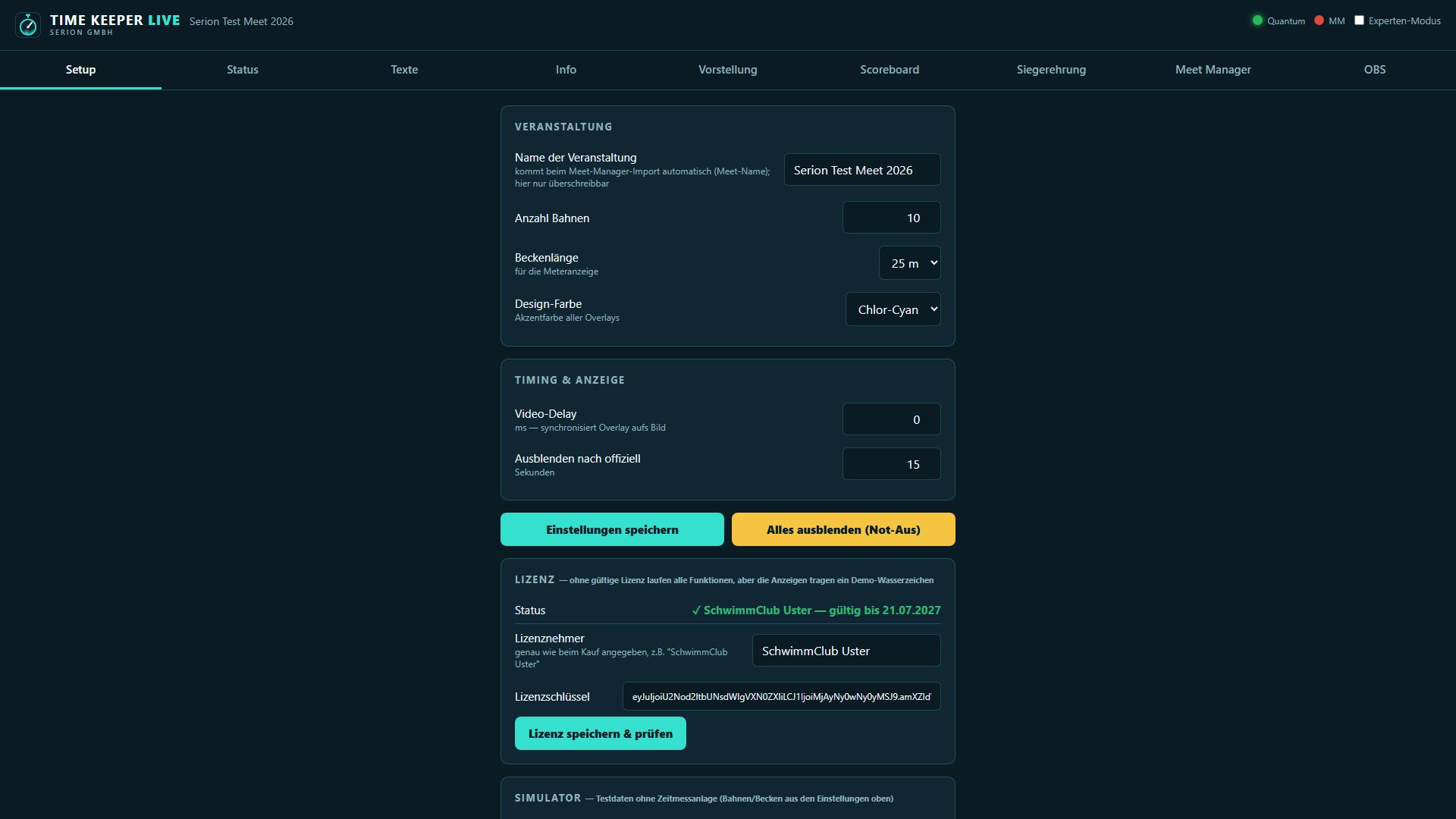 Control panel, setup tab